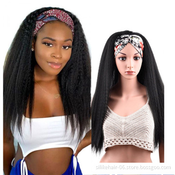 Black Red 24 Inch Long Chic Style Kinky Straight Hair Headband Wig With Pre-attached Scarf Synthetic Yaki Straight Headband Wigs